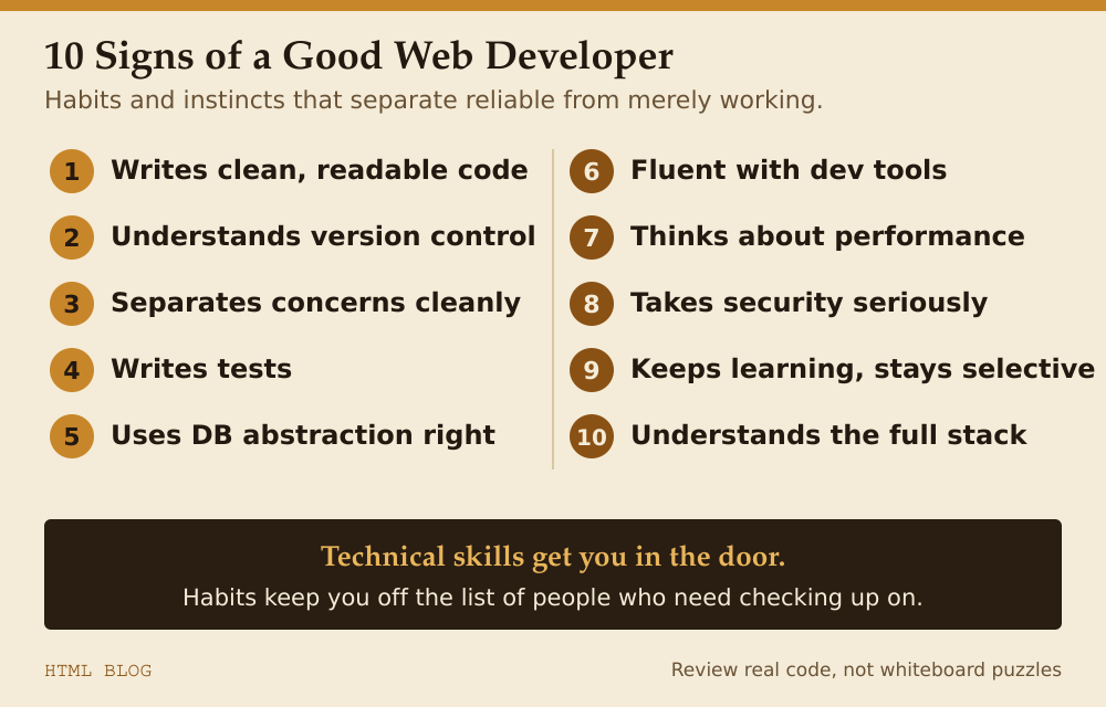 Ten signs of a good web developer: clean code, version control, tests, security, full-stack awareness