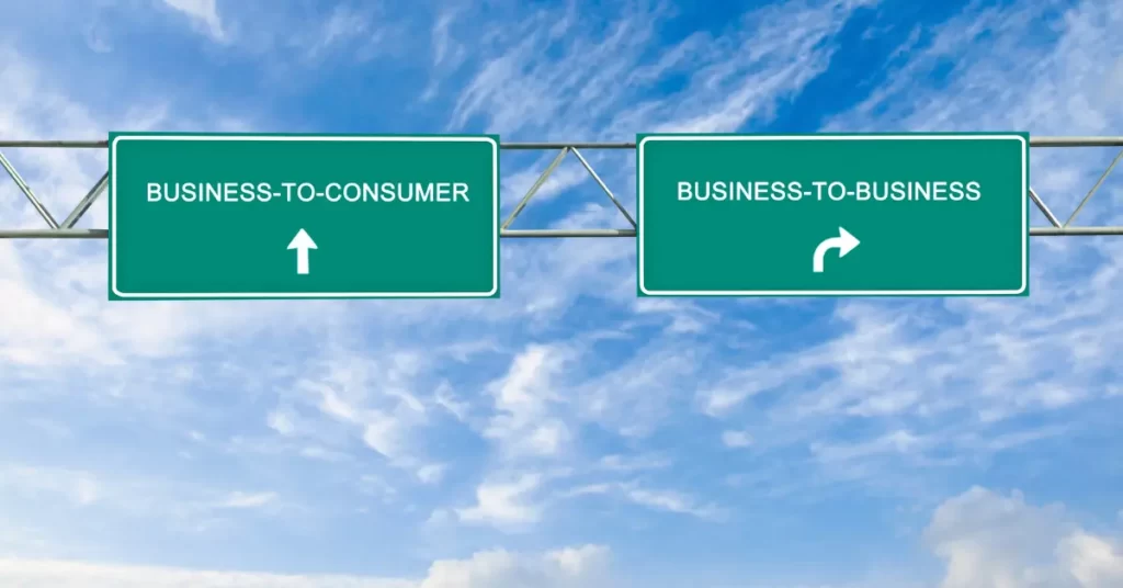 board on the left showing business to consumer sign and board on the right showing business to business sign