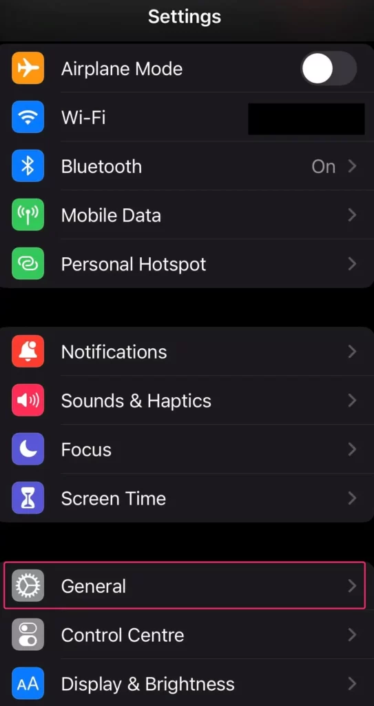 iPhone screenshot showing General Settings