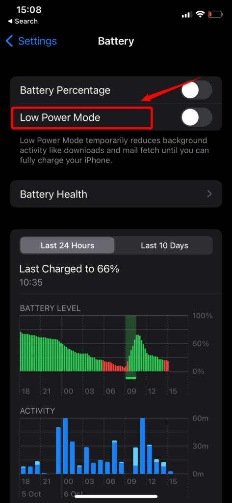 turn off low battery mode to fix flashlight not working on my iPhone issue