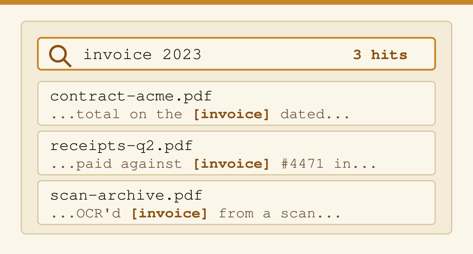 A PDF search interface returning highlighted matches for a query across multiple documents