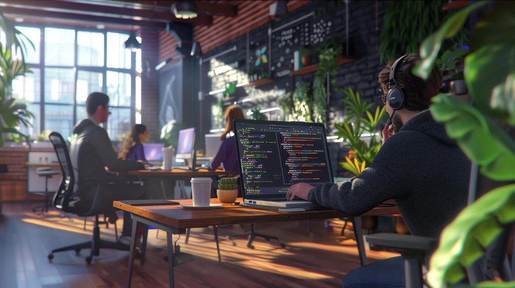 Software developer coding in coworking space wearing headphones